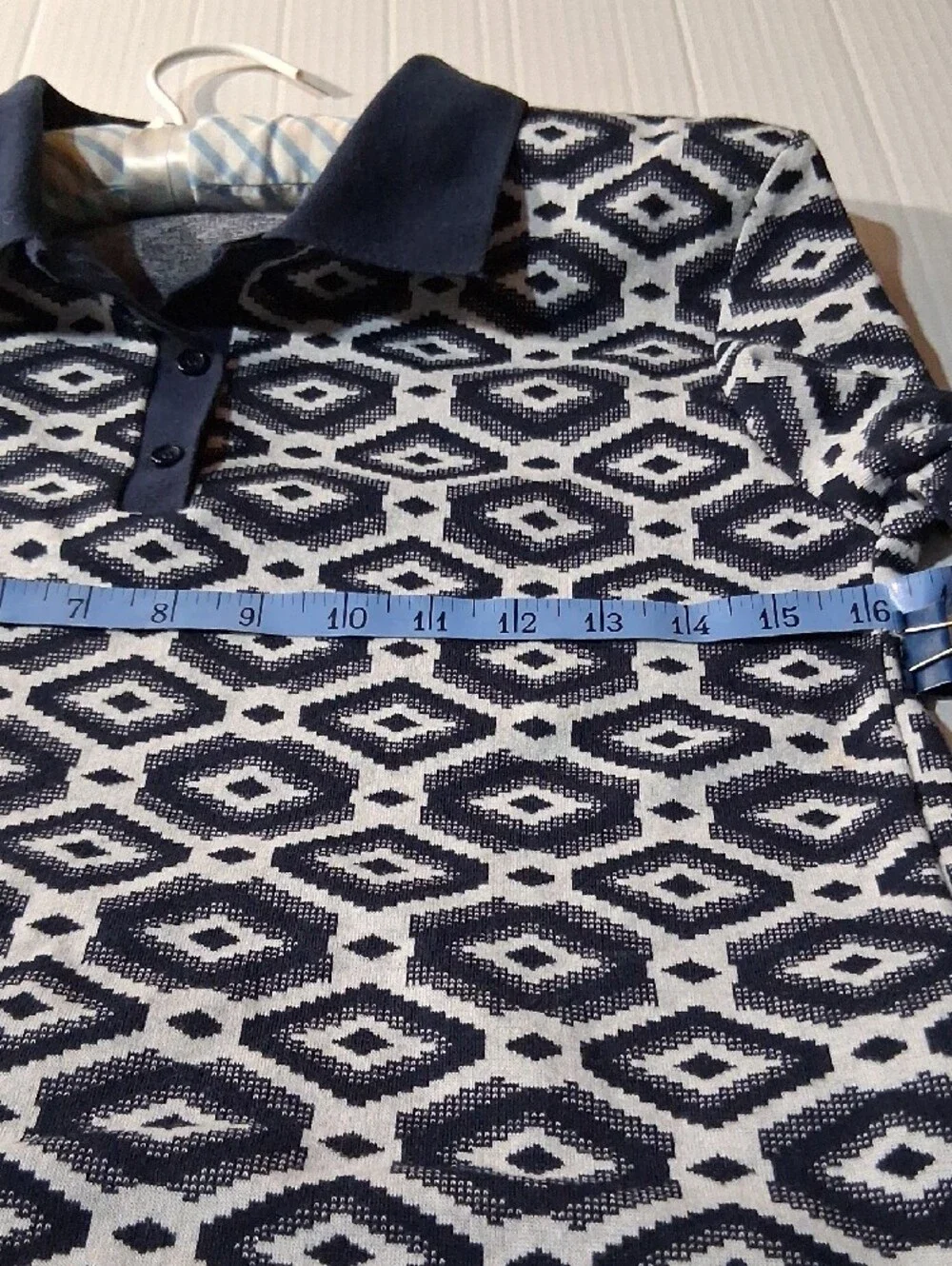 Zara Navy and White Geometric Long Sleeve Polo